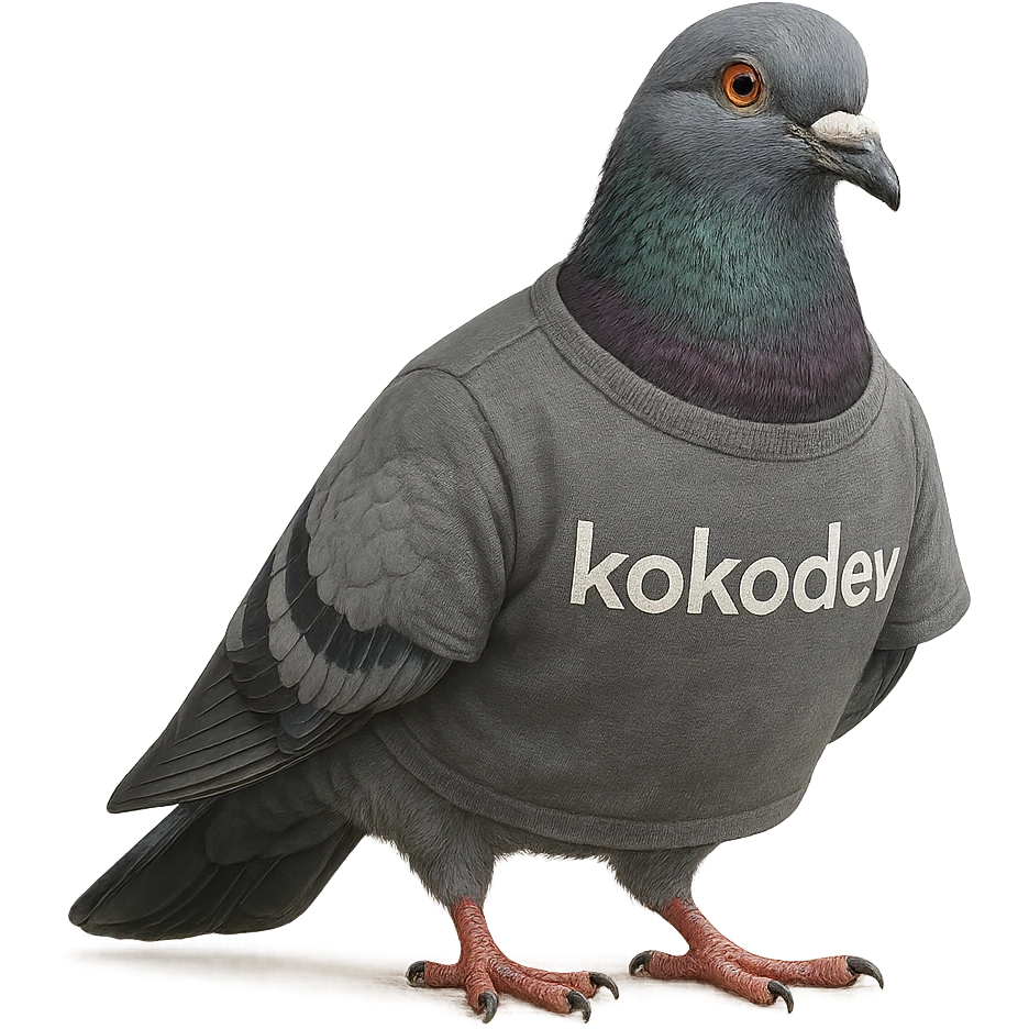 a lifelike pigeon in a t-shirt that says 'kokodev', natural colors, photorealistic style, detailed feathers and fabric emoji