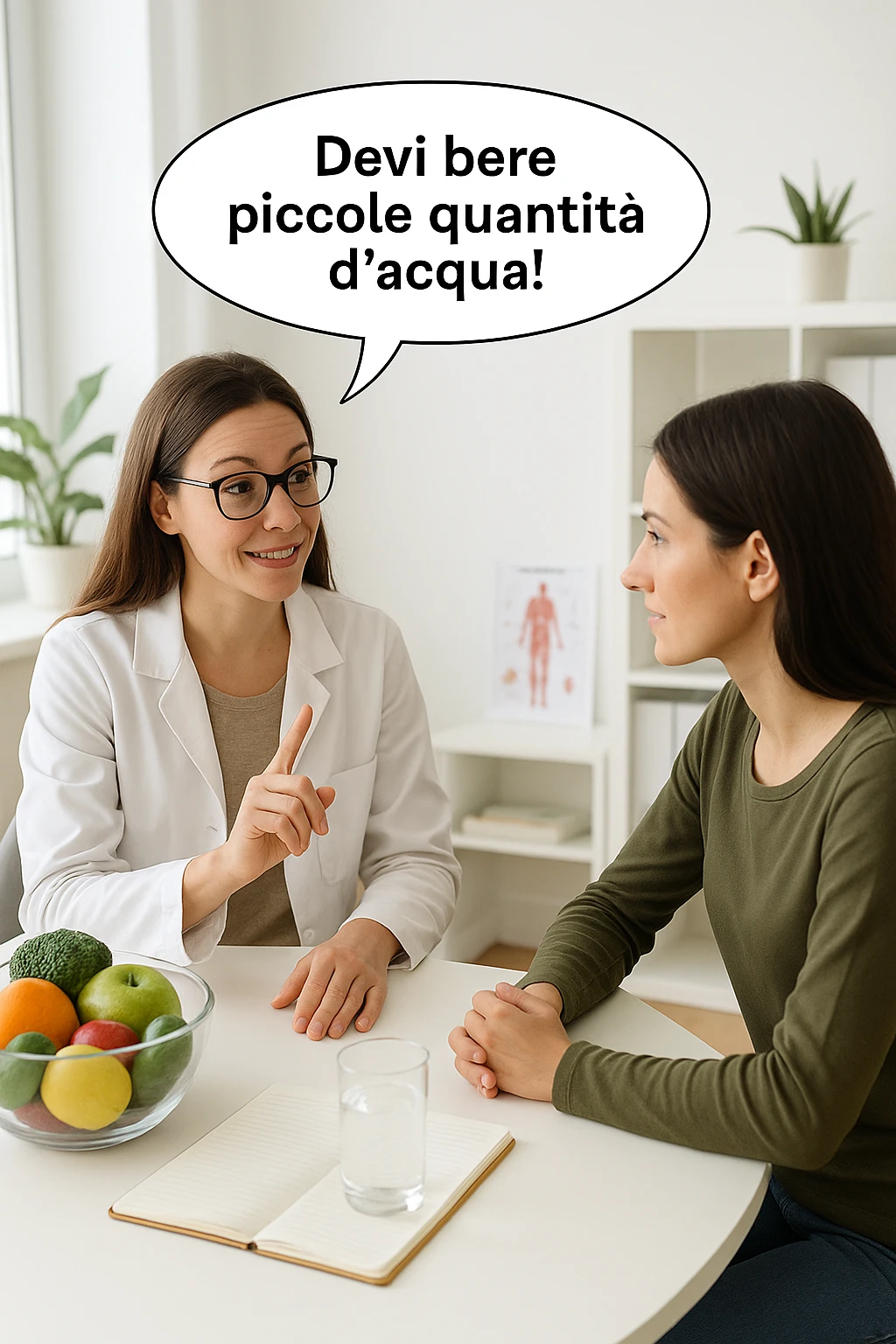 Nutrizionista dice ad una donna "devi bere piccole quantità d'acqua!" in italiano emoji
