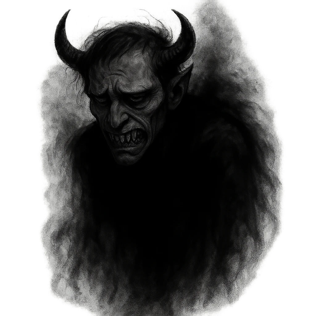 shadowy demonic character with sneer, vicious grin, sad pessimistic expression, embodying perpetrator aura emoji