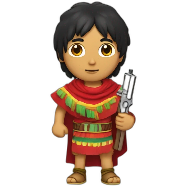 An Inca man, neck-length black hair, wearing a red headband and wearing a red poncho (with yellow, green and red lines) and holding a pistol emoji
