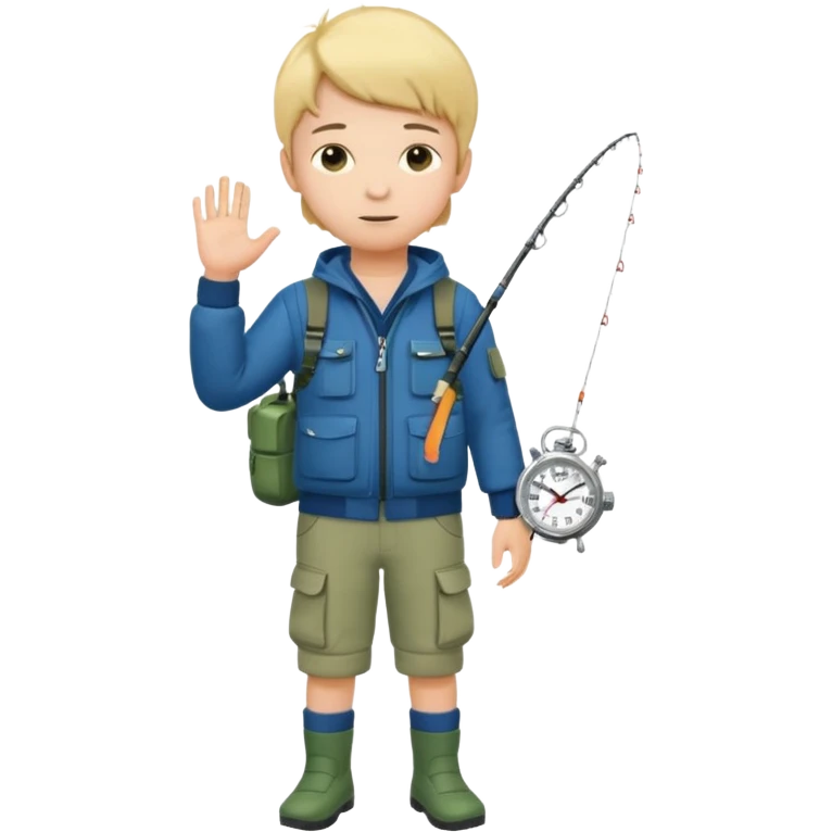 Boy in fishing suit looking at his wristwatch, full body emoji