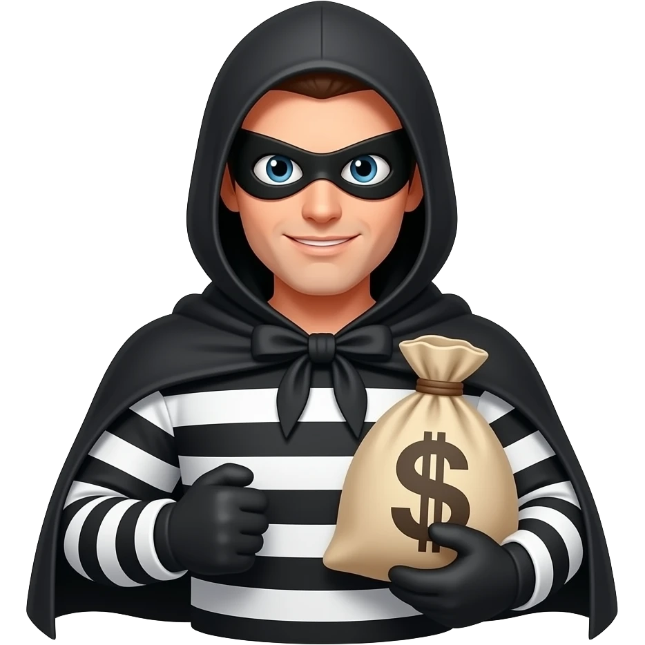 Quiero un emoji de un ladron sin capa negrasin capa remera de rayas blanco y negro con una bolsa de dinero en la mano emoji