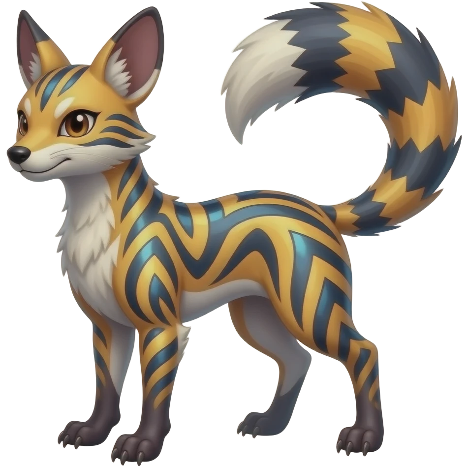 Hyper-realistic cool edgy badass zigzag-striped etched marked elegant Colorful Skilled Adept Graceful Asian Painted Meloetta-Furret-Lycanroc-Zangoose-fusion-hybrid-creature (full body) emoji
