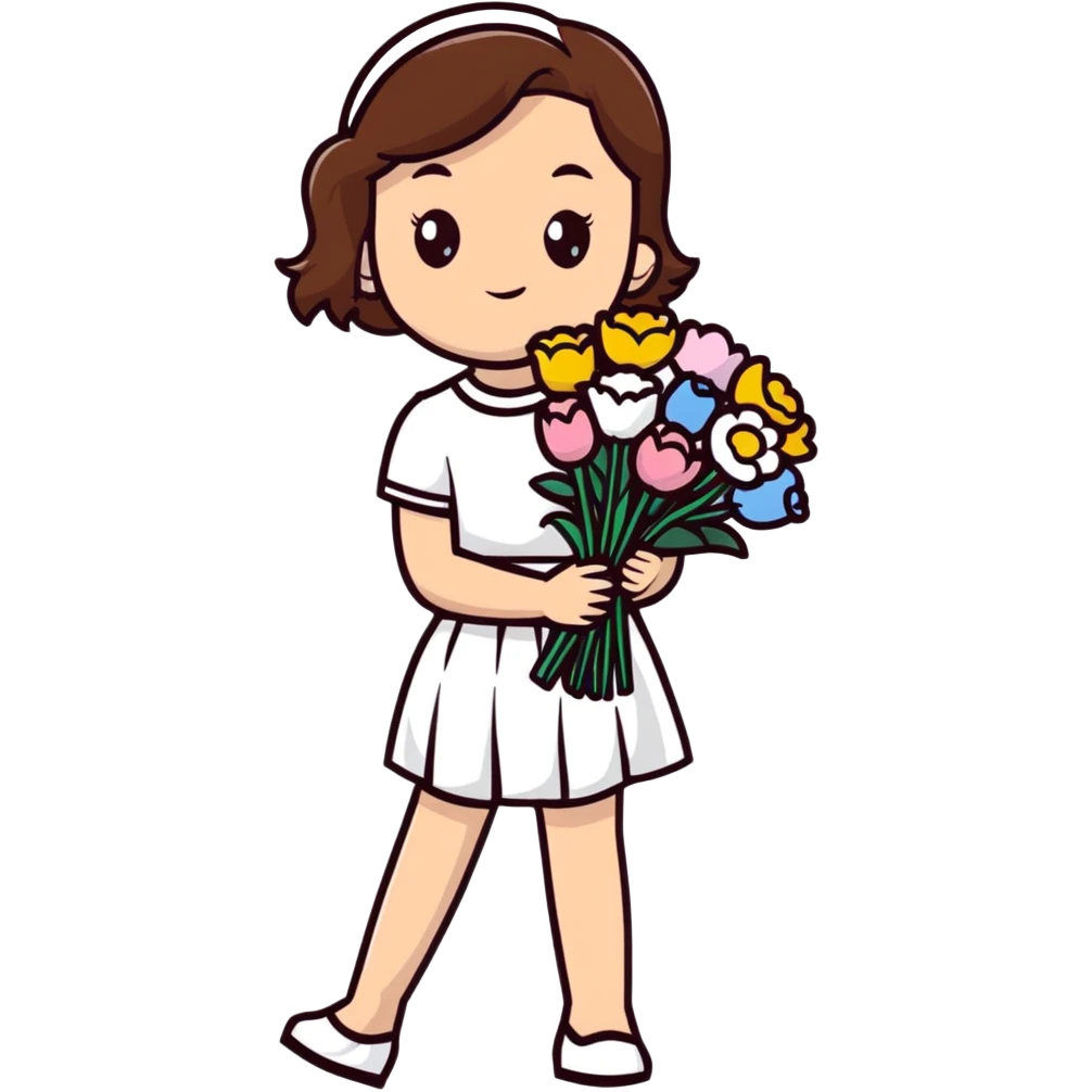 girl with brown hair wearing a white skirt holding a bouquet of flowers emoji