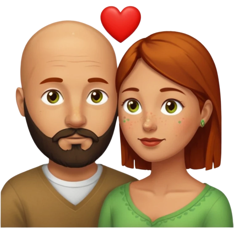Couple. Bald man with dark brown-black beard. Woman with freckles, white skin and she has auburn-yellow-brown-hair. She has light yellow-green-brown eyes. He have hazel eyes. They look at each other. Many small red hearts around them. emoji