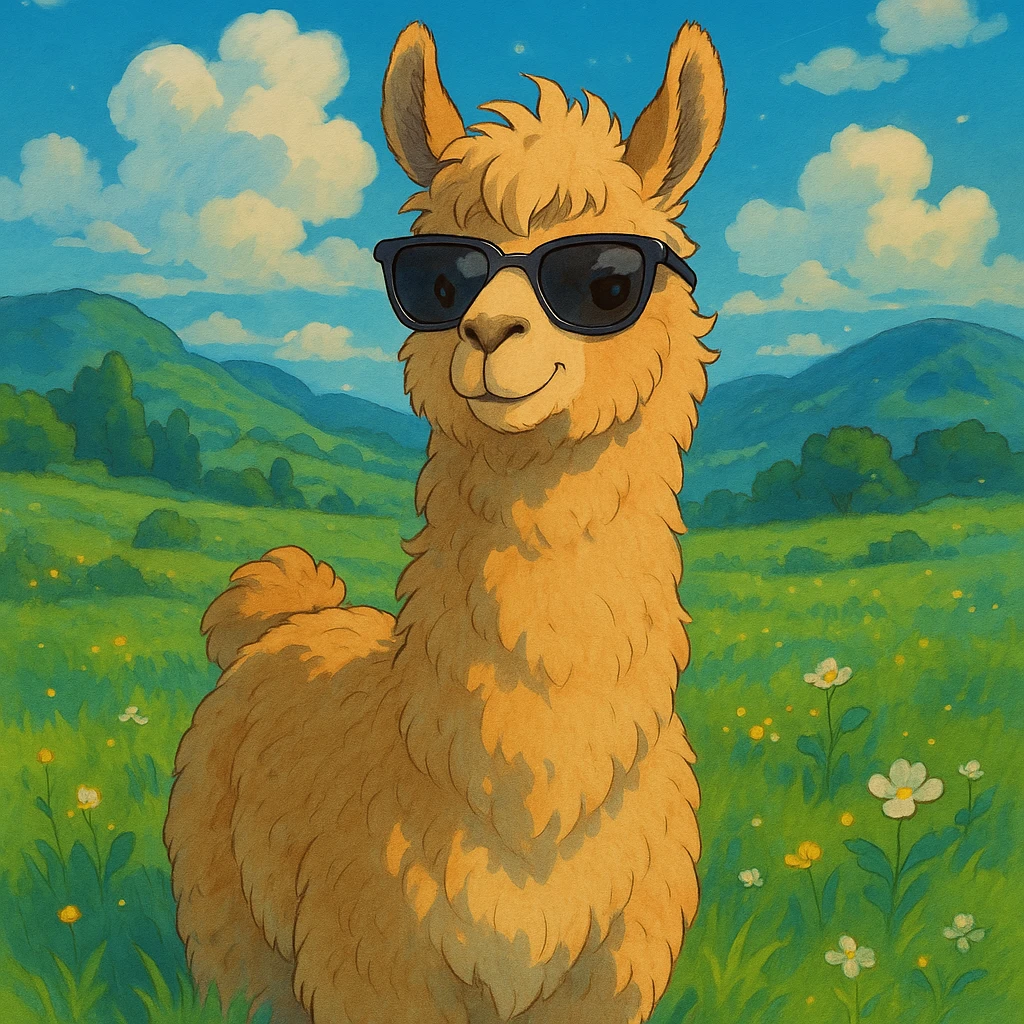 a llama with sunglasses, ghibli style, detailed, vibrant colors emoji