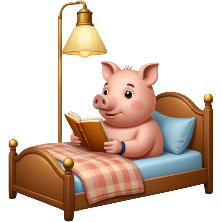 pig reading in bed with retro light lamp next to it emoji