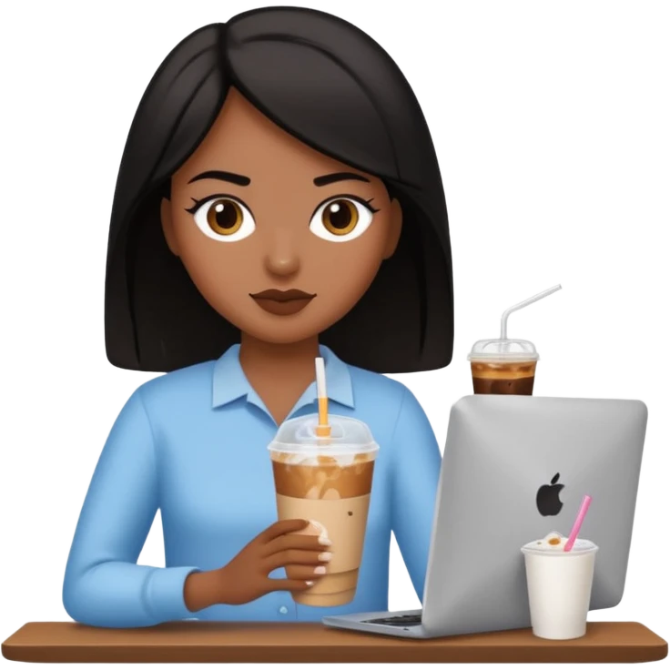컴퓨터 작업 중 + 아이스 아메리카노(테이크아웃 잔)링거 + 다크서클 + 검은머리 여성 emoji