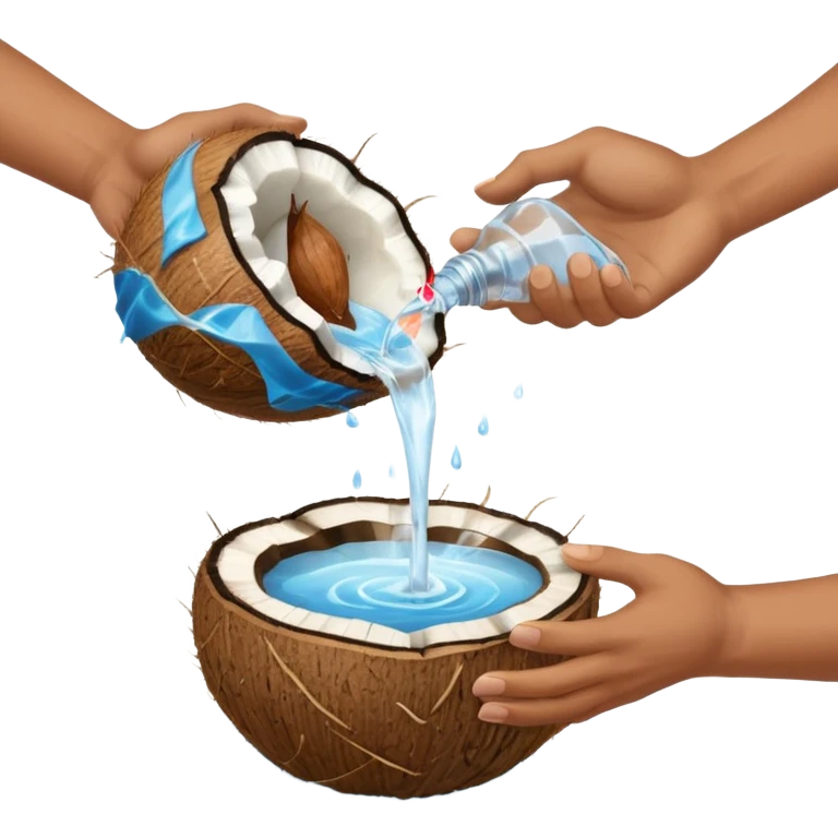 two hands with water in it, pouring the water down onto a full coconut emoji