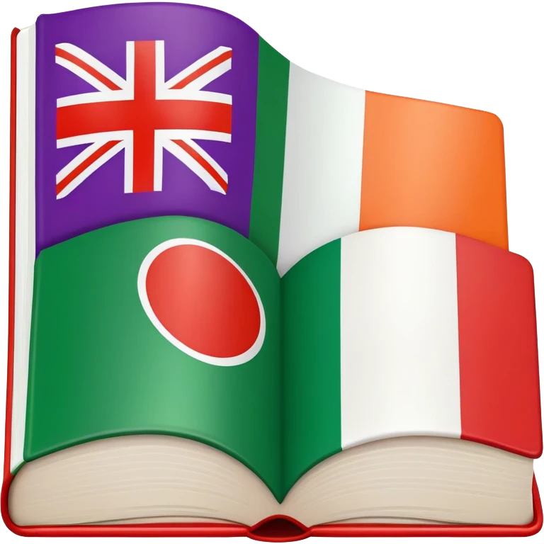Italian to English dictionary book cover with correct Italian flag and extremely wrong British flag with completely incorrect colors like purple and orange or wrong symbols emoji