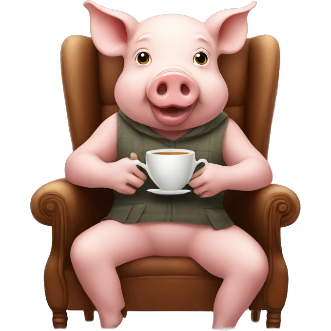 pig drinking tea looking at camera sitting in a chair emoji