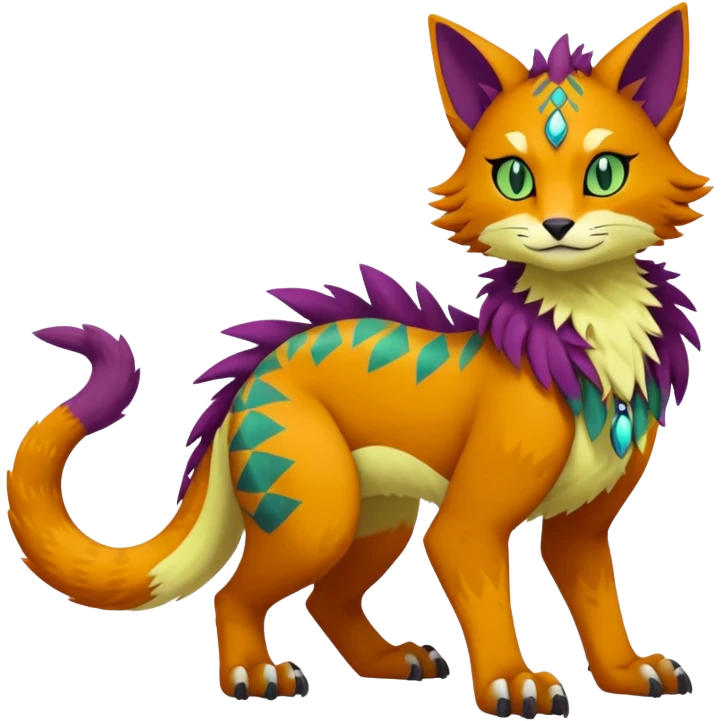 Kawaii cute reddish orangish yellowish greenish purplish exotic tribal beautiful pretty elegant divine edgy feline-vernid-sergal-Fakémon-Pokémon-Digimon-fursona-animal-creature with accessories, full body, with intricate detailed markings emoji