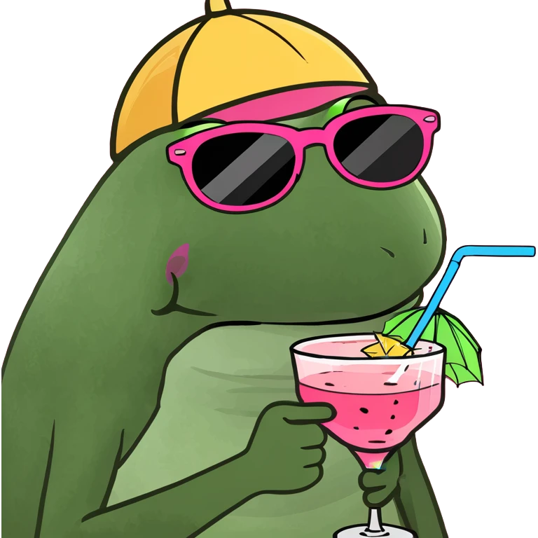 bufo frog with a colorful umbrella hat, wearing oversized sunglasses, holding a pink cocktail with a straw emoji