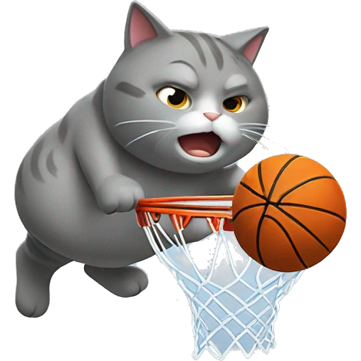 grey fat cat slam dunking basketball between legd emoji