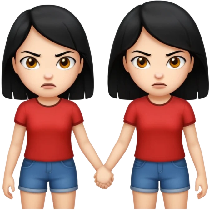 two girls with black hair and angry faces holding hands  emoji