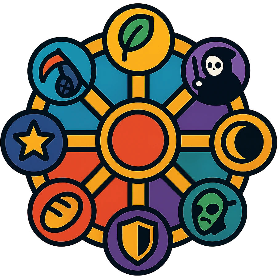 a mystical wheel with eight spokes, each spoke ending in a unique icon: life represented by a leaf, death represented by a grim reaper, darkness represented by an eclipse, plague represented by a mask, war represented by a shield, hunger represented by bread, dreams represented by a star, destiny represented by a spinning wheel; magical artifact illustration emoji