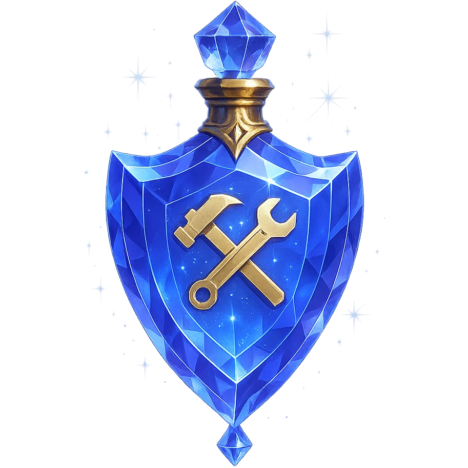 crystal luxurious elixir bottle in shield shape, color #7986cb, with 🛠 symbol on the bottle, lots of shining, edges, ornaments, golden details, magical effects, very small golden neck, transparent background, beautiful seamless bottom, bottle clearly floating in air, no base or shadow, very luxurious, modern, matching a collection emoji