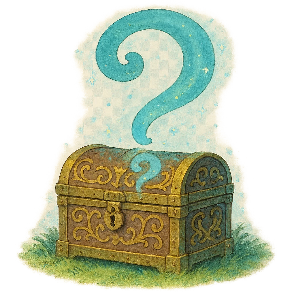 ghibli style ornate treasure chest obscured by a swirling question mark, magical atmosphere emoji
