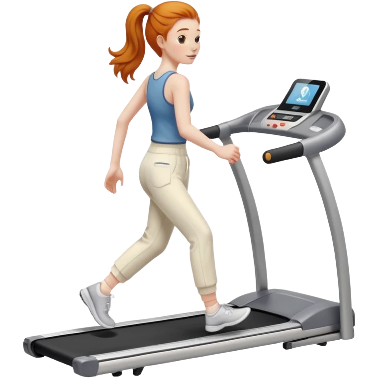 Ginger girl walking on walking pad treadmill cream pants emoji