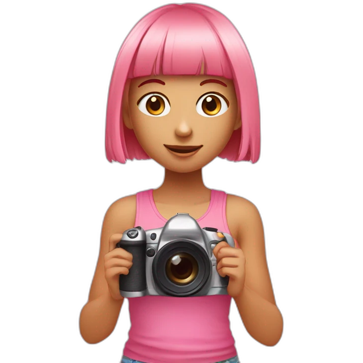 cute girl with long, straight rose hair with bangs and holding camera and wearing pink tank top emoji