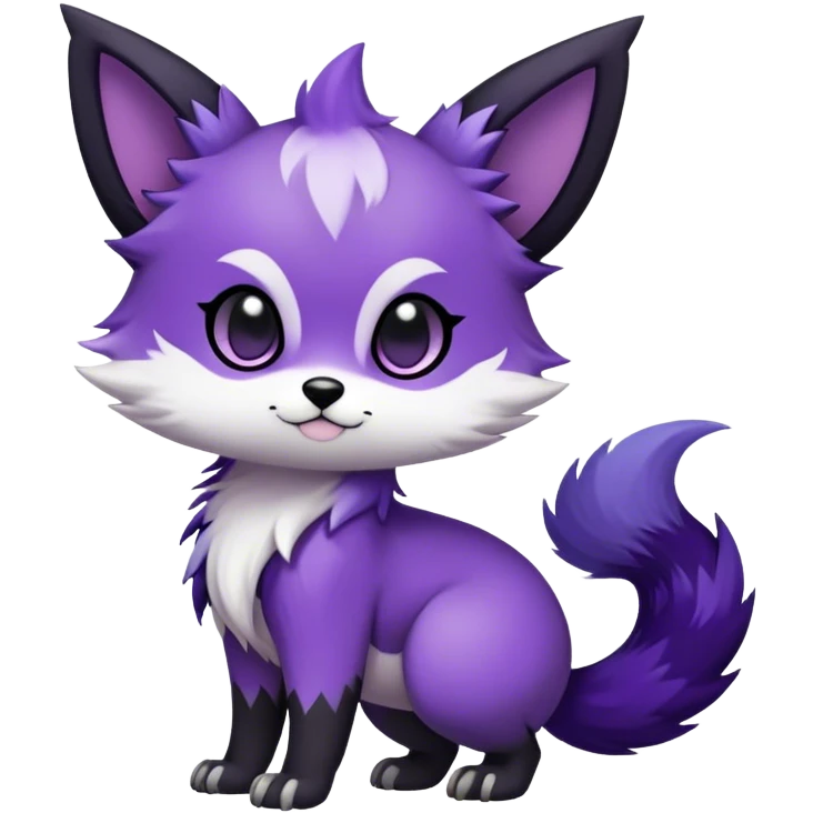  High quality Cute Cool Kawaii edgy Chibi Fur-Sona Purple fur, white belly, white tail-tip, black legs, black ears, Fakemon-creature-animal-vernid-hybrid Full Body, facial markings emoji