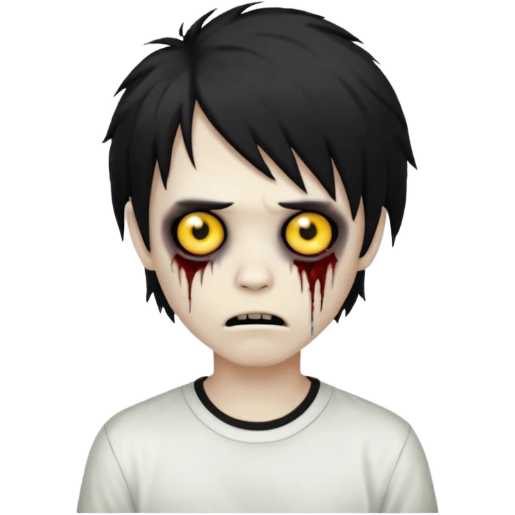 boy zombie with black, medium-long, emo, shaggy hair, dark and spooky, creepy expression, wearing a white shirt, emoji style emoji