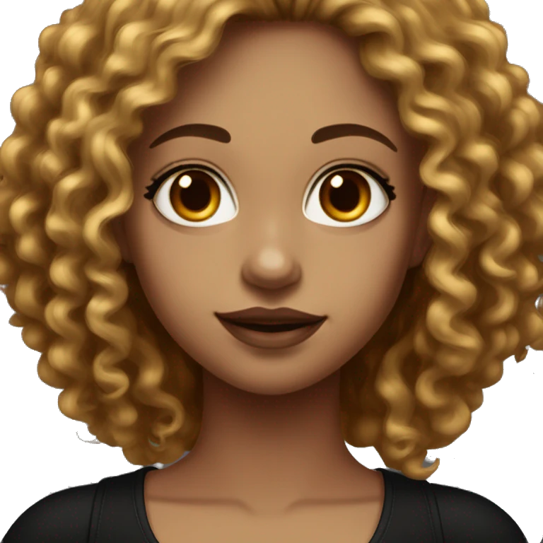 Female with long curly cherry chocolate hair, burgundy eyes and light skin. She wears eyeliner and mascara, a black tank top and gold jewelry emoji