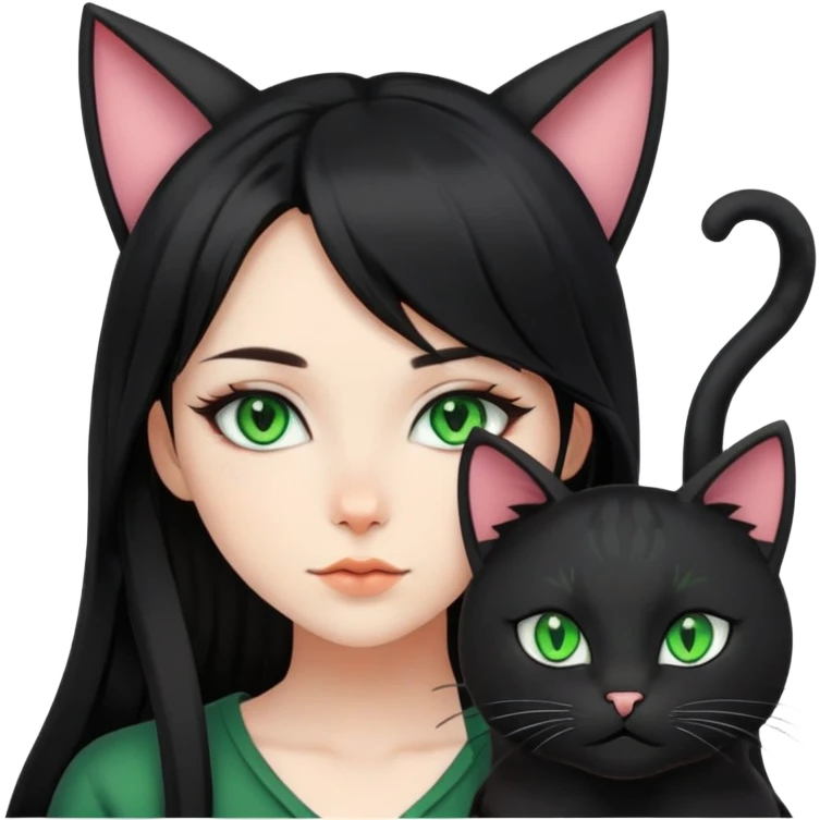 digital artist girl with green eyes, black long hairs, cat ears emoji