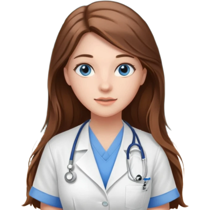 inside a classroom at university that says nursing school on the board with a pretty female nursing student with long brown hair, blue eyes emoji