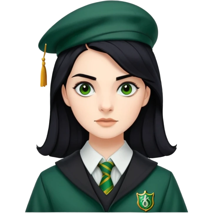 genevieve gaunt is Pansy Parkinson in harry potter, wear hogwarts slytherin uniform, black hair, not wearing hat emoji