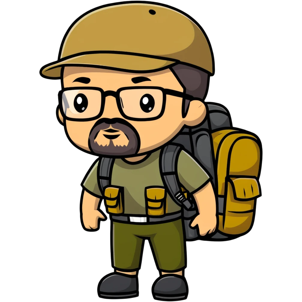 adventurer with goatee beard (no beard on cheeks), short hair, glasses, backwards military tan cap and backpack emoji