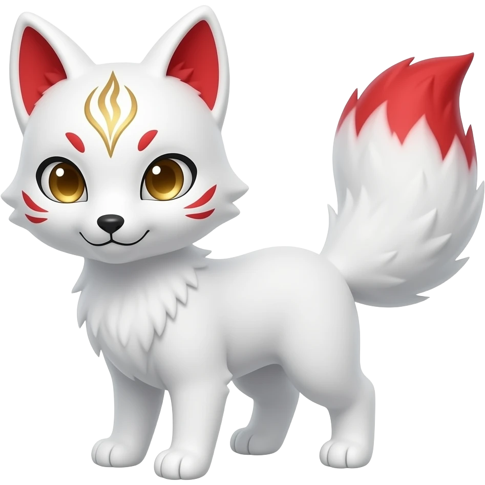 A pure white one-tailed kitsune (fox form,) with red accents, (two on each cheek, and a single one of its forehead,) red on the insides of its ears, (with gold markings inside of its ears,) pale golden eyes, pure white paws and a red tail tip. emoji