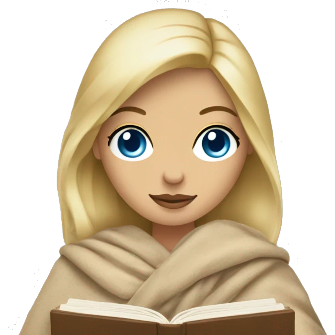 blonde woman with blue eyes in a blanket with a beige book in her handsemoji emoji
