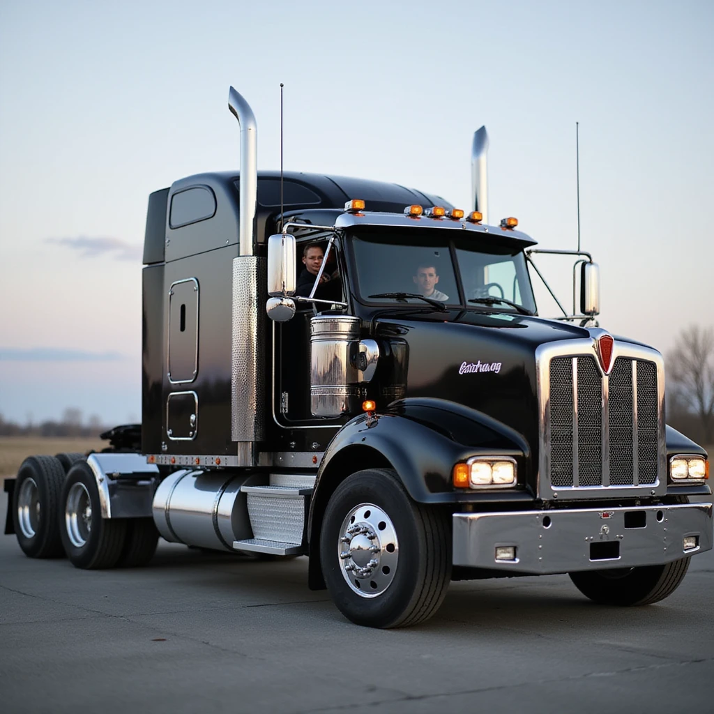 realistic black Kenworth W680 sleeper semi truck with chrome exhaust stacks, a man hanging out the window with one arm out emoji
