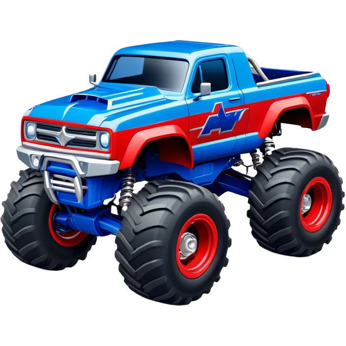 Avenger - Monster Jam (Model Year: 2021) (Iconic colour: Blue and red) - A dynamic monster truck with a split-color scheme: predominantly blue accented by bold red elements. Focus on strong, angular lines and vivid contrasting colors that evoke high energy and a futuristic, rebellious style. emoji