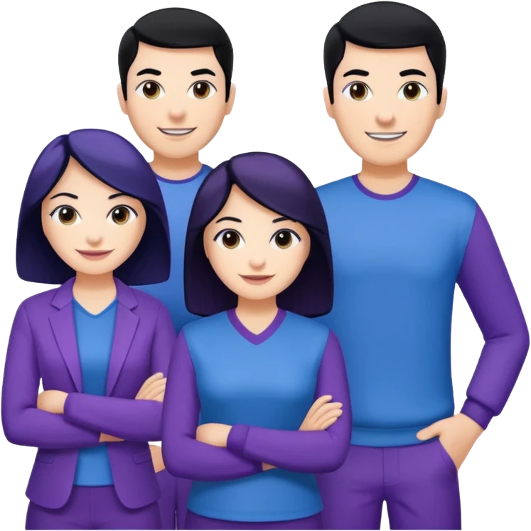 4people 2 men and 2 women. with black hair and white skin. ready to create a team. with blue and purple clothes emoji