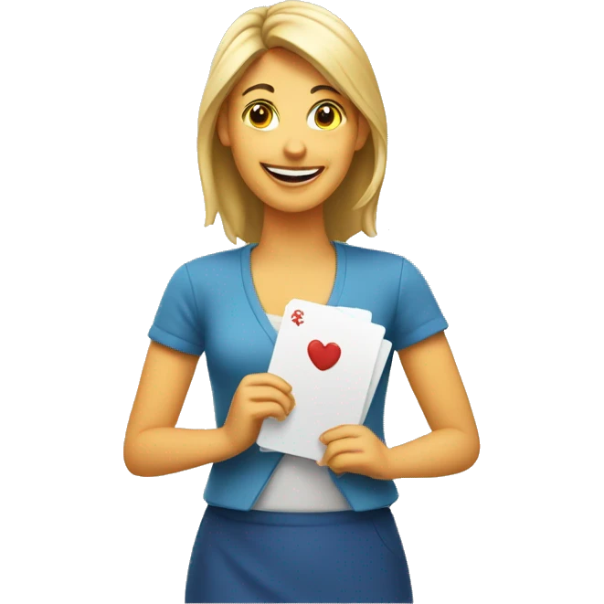 a happy woman holding a ton card maker emoji