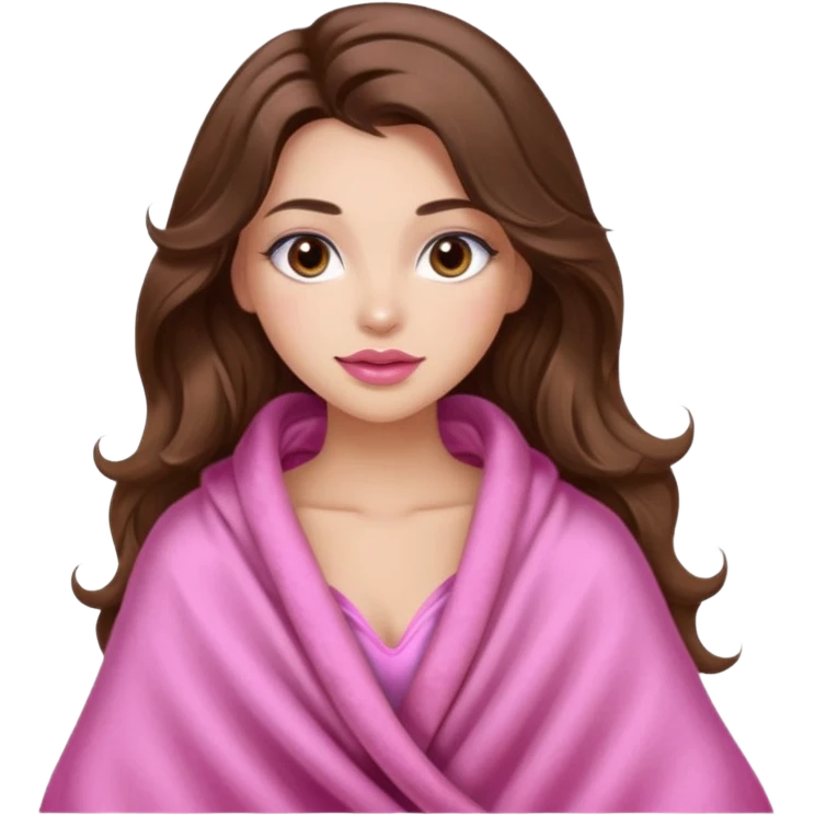 girl with long wavy brown hair, brown eyes, long lashes makeup, sexy pink lips, light to medium complexion, wearing a pink sexy silk top, big blanket over cozy  emoji