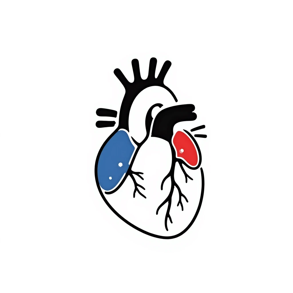 A hand-drawn anatomical heart with detailed chambers and arteries in medical diagram style, showing blue veins and red arteries, with clear internal structure, oxygenated blood in red and deoxygenated blood in blue emoji