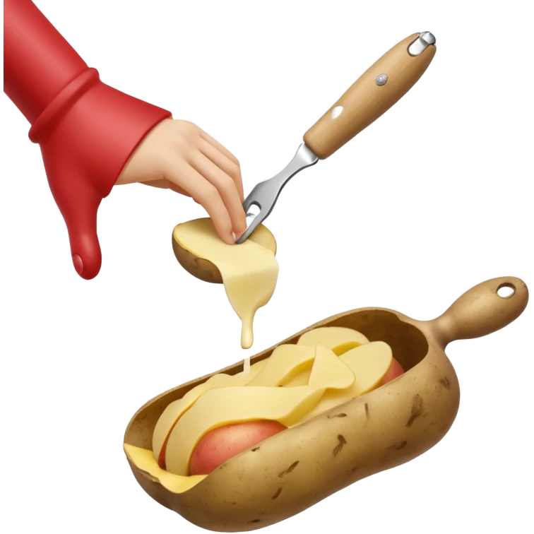 hand peeling a potato with a small kitchen peeler, potato skin curling off, simple white background, realistic textures, clean and bright, fun expressive design



 emoji