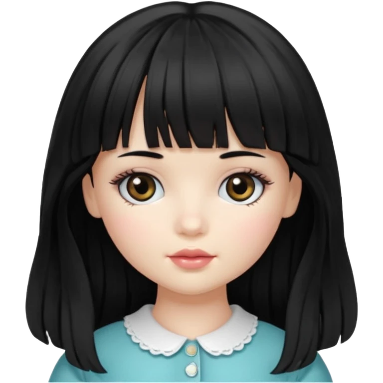 Doll girll, black hair with bangs, slightly wavy, very long hair,long eyelashes, black eyes. emoji