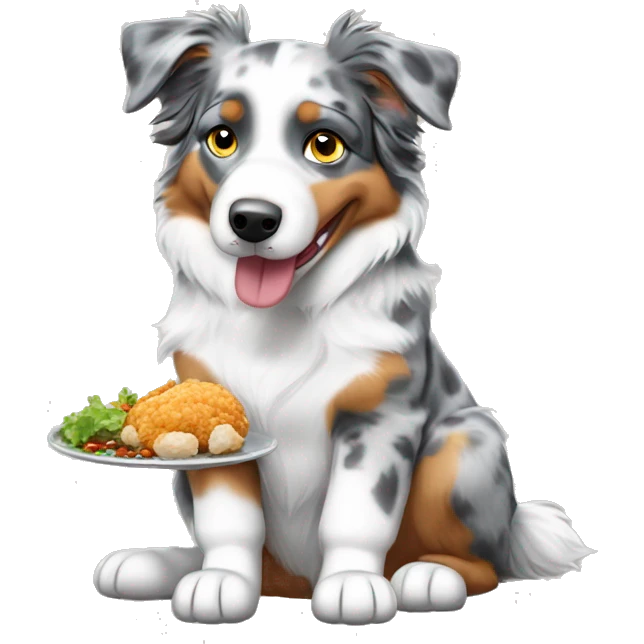 Blue Merle Australian Shepherd eating chicken emoji