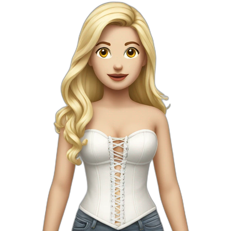 hyperrealistic caucasian blonde female, long straight hair, white lace-up bustier emoji