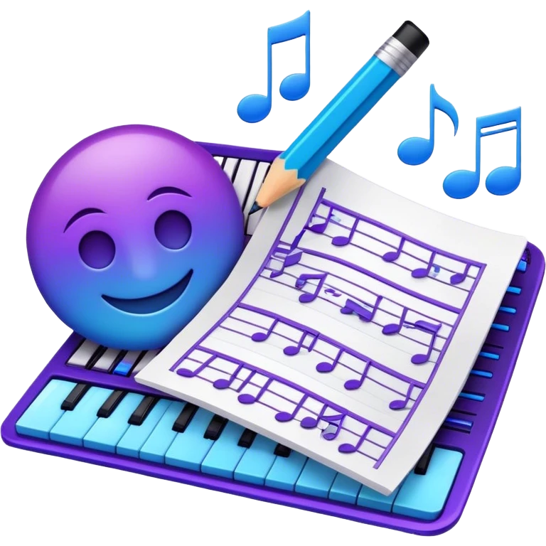 Emoji that represents music track writing. The design should feature a music composition sheet with musical notes and lyrics, a digital audio workstation (DAW) interface or soundwaves, and a pencil or pen to symbolize the writing process. Add a touch of technology with subtle elements like sound mixing sliders or waveform graphics. Use a blend of vibrant and inspiring colors, such as electric blue or neon purple, to evoke a sense of creativity and innovation. The background should be transparent. emoji