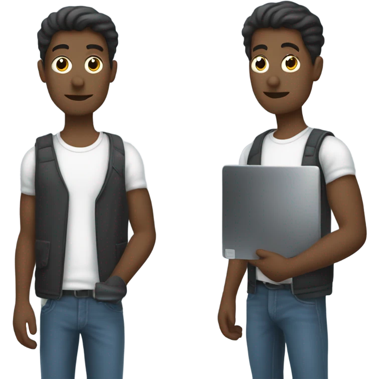 slim man with computer in hand and wav emoji