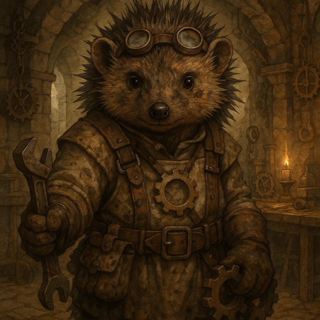 humanoid hedgehog with engineering gear, dirty face and outfit, old medieval workshop setting, direct look, dungeons and dragons, detailed illustration, artstation quality emoji