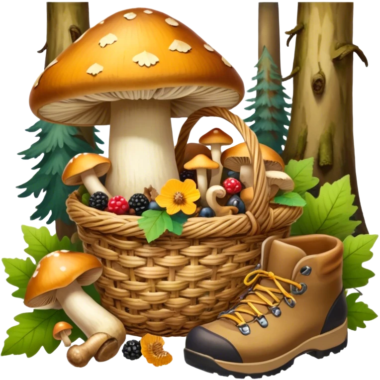 Icon for Mushroom and Berry Tourism: a basket filled with mushrooms chanterelles, boletus and aspen and berries, surrounded by forest elements like trees, leaves and a hiking boots. The icon should capture the joy of foraging in nature. Transparent background. emoji