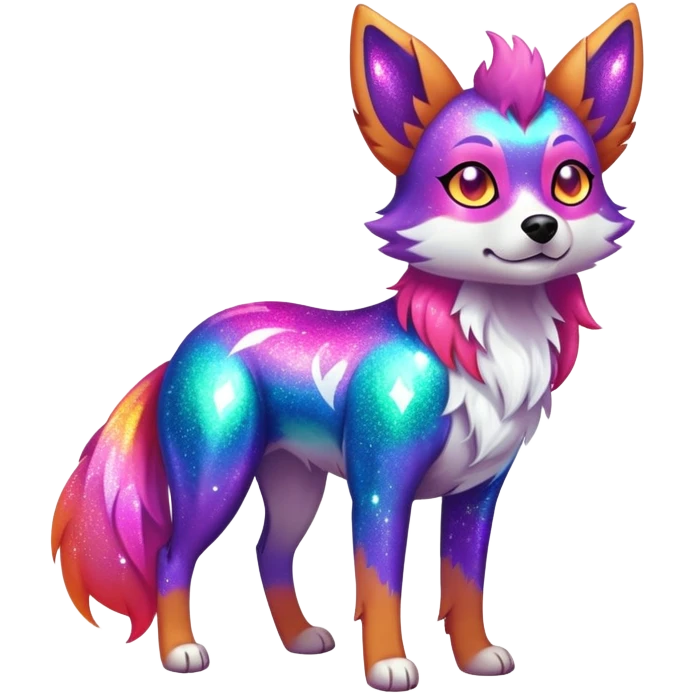Vibrant multicolored neon-colored Falvie-Fionbri-creature-sparkle-dog-fursona, full body emoji