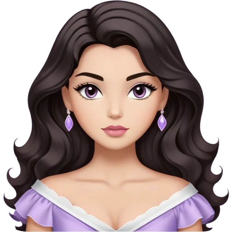 A woman with almond-toned skin, dark voluminous hair in waves, expressive eyes with soft lashes and shimmer, full lips with a glossy nude-pink color, wearing a lavender top and a white sash with “Miss San Juan” in black letters, exuding elegance and confidence emoji