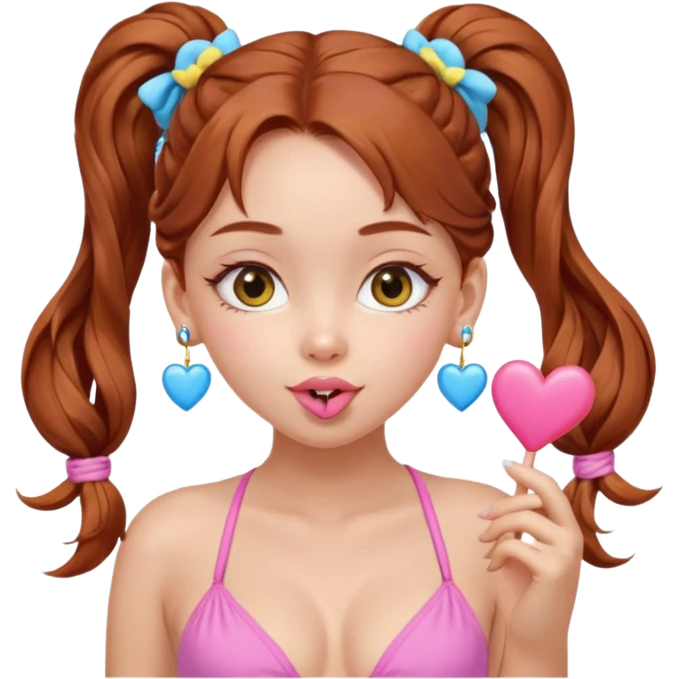 A cute ukrainian girl, looks slightly malaisain with full lips and long auburn hair in two plaited ponytails, has heart earrings in yellow and blue, and is wearing her pink bikini, she is blowing a kiss. emoji